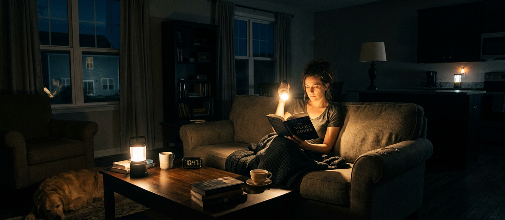A dark home interior lit only by emergency lighting during a blackout